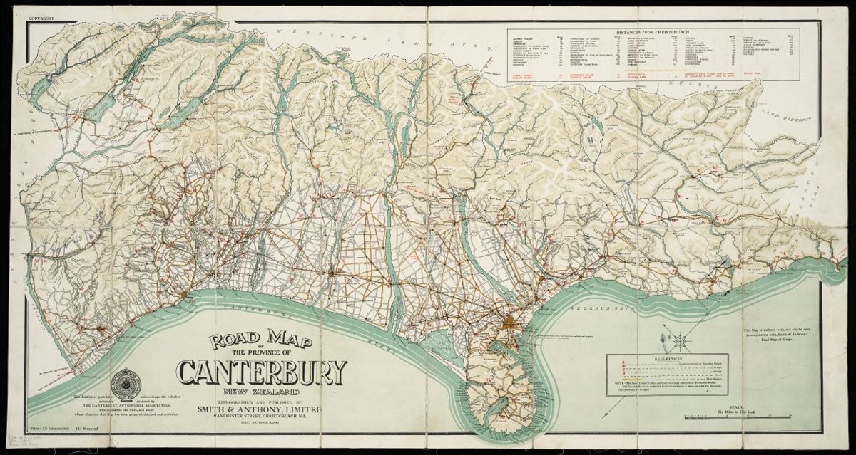 Canterbury by road, About 1910. Road map of Canterbury, about 1910, with Christchurch on the east coast.