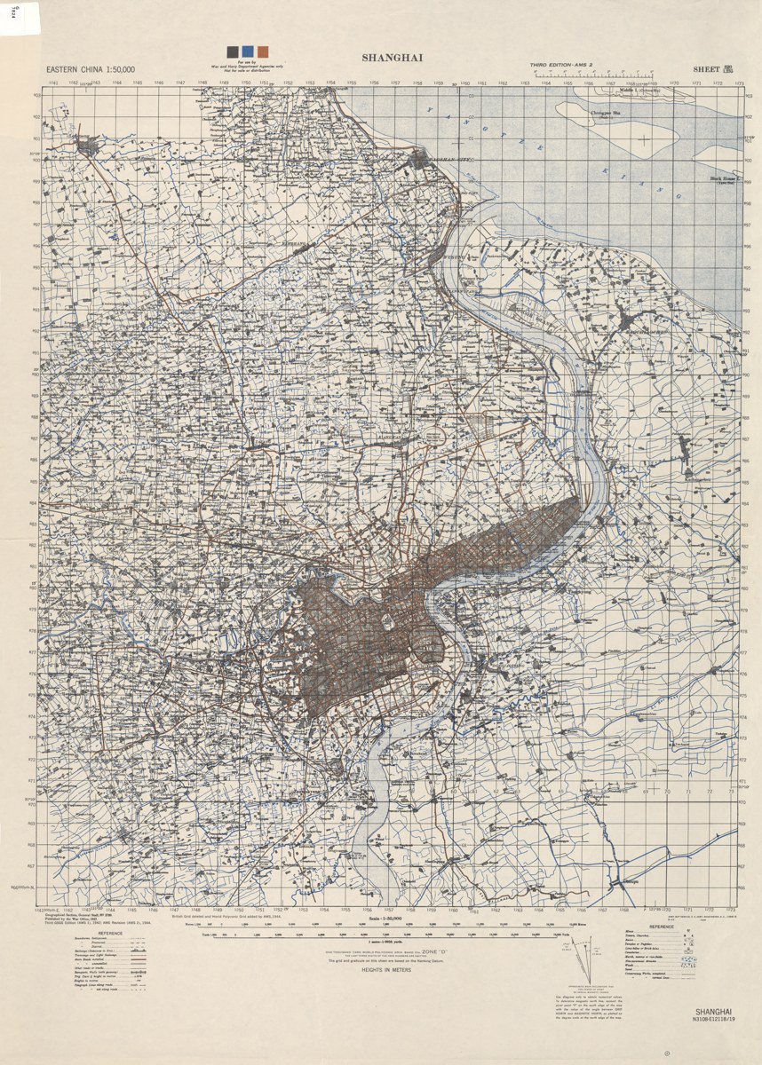 Wartime Shanghai, 1944. A U.S. Army Map Service map made while Shanghai was under Japanese occupation. It shows the city and its southern outskirts, including the Lunghwa area. Original scale 1:50,000.