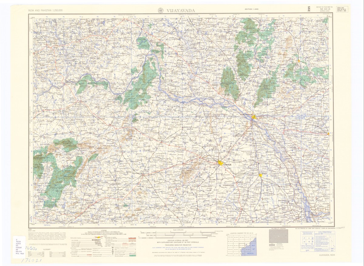 Vijayawada and the Krishna, Compiled 1954. Vijayawada, the Krishna River and surrounding towns. Dummagudem lies north of this map. Scale 1:250,000.