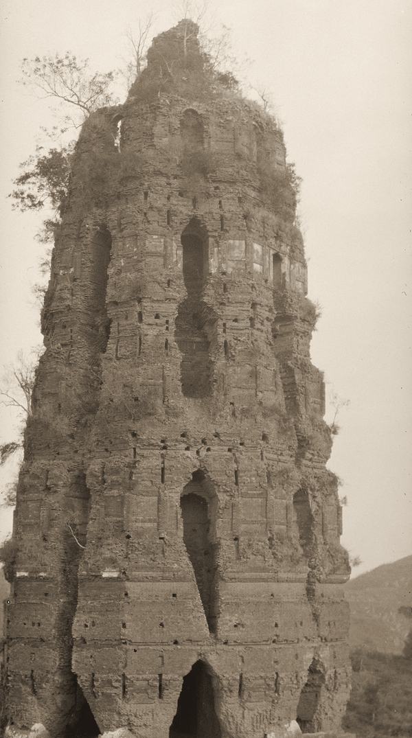 The ruined brick core of Leifeng Pagoda, with plants growing from the top.