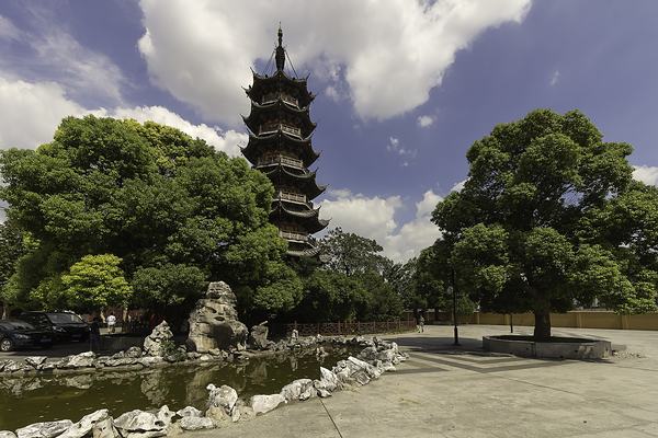 Longhua Pagoda between two large camphor trees under a cloudy blue sky.
